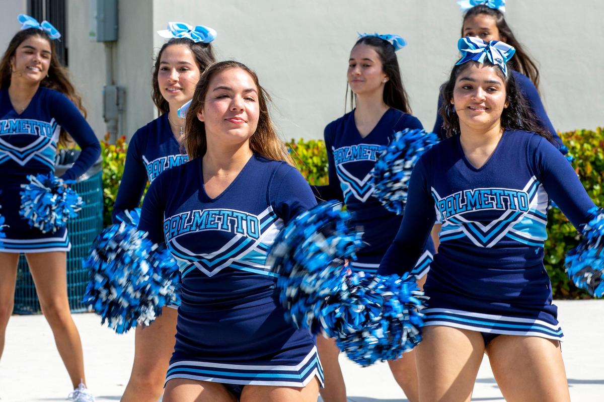 Cheerleaders dance inside the courtyard during a lunch pep rally to honor Miami Palmetto High School alumnus Ketanji Brown Jackson after her confirmation as Supreme Court Justice, on Friday, April 8, 2022.