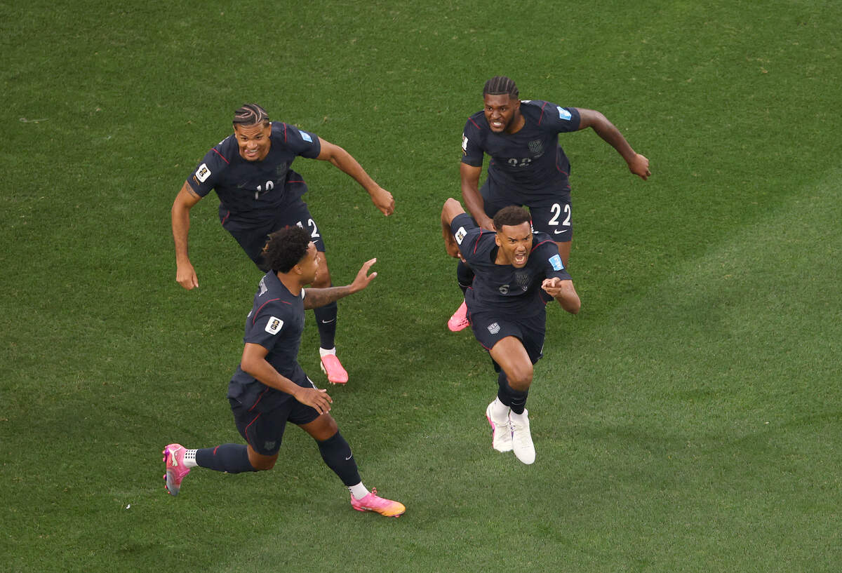 US defender #06 Auston Trusty (C) celebrates after scoring his team's first goal during the 2026 World Cup Group D football match between Turkey and USA at the Los Angeles Stadium in Inglewood on June 25, 2026.  (Photo by Etienne LAURENT / AFP via Getty Images)