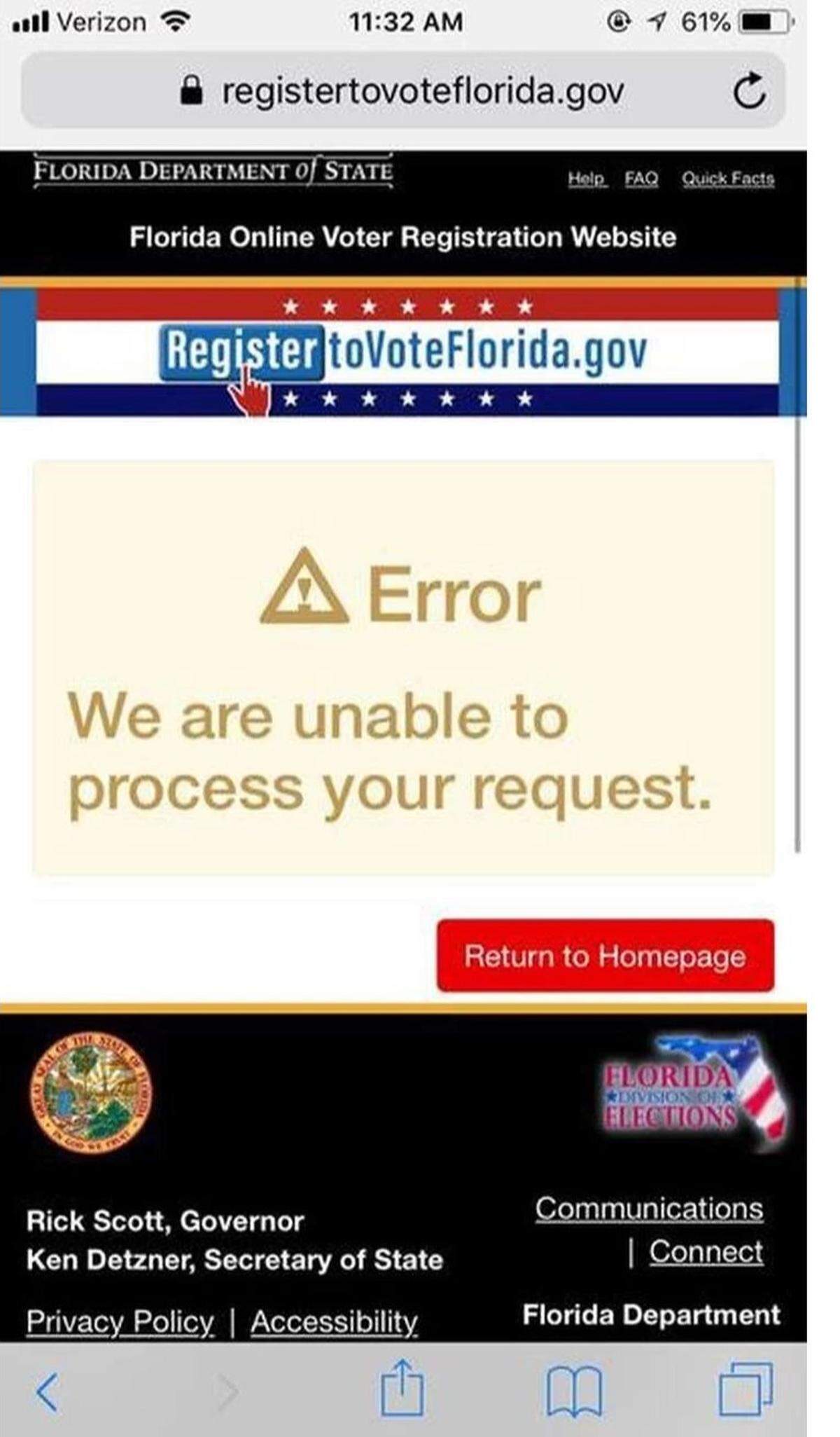 A screen shot of the state’s online voter registration portal Tuesday.
