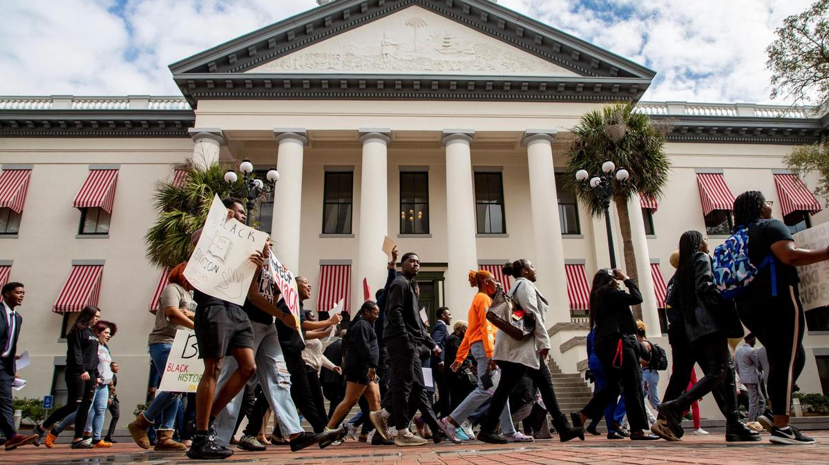 Hundreds participate in the National Action Network demonstration in response to Gov. Ron DeSantis’ rejection of a high school African American history course, Wednesday, Feb. 15, 2023, in Tallahassee, Fla. 