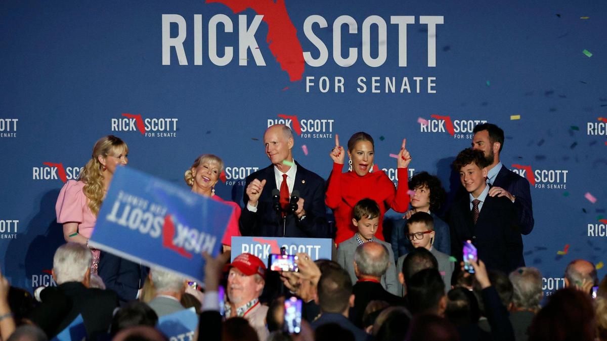 United States Senator Rick Scott celebrates his win with family and supporters during an election night party at the Hyatt Regency Coconut Point Resort in Bonita Springs, Florida on Tuesday, November 5, 2024.