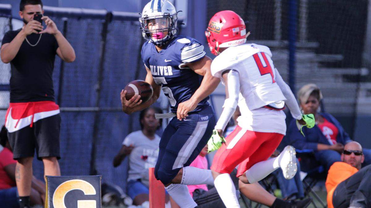 Gulliver Prep Raiders running back Anton Hall jr (5) scores a touchdown in the first quarter of a football game against Champagnat Catholic Lions at Gulliver Prep in Pinecrest, Florida, on Friday, October 25, 2019.