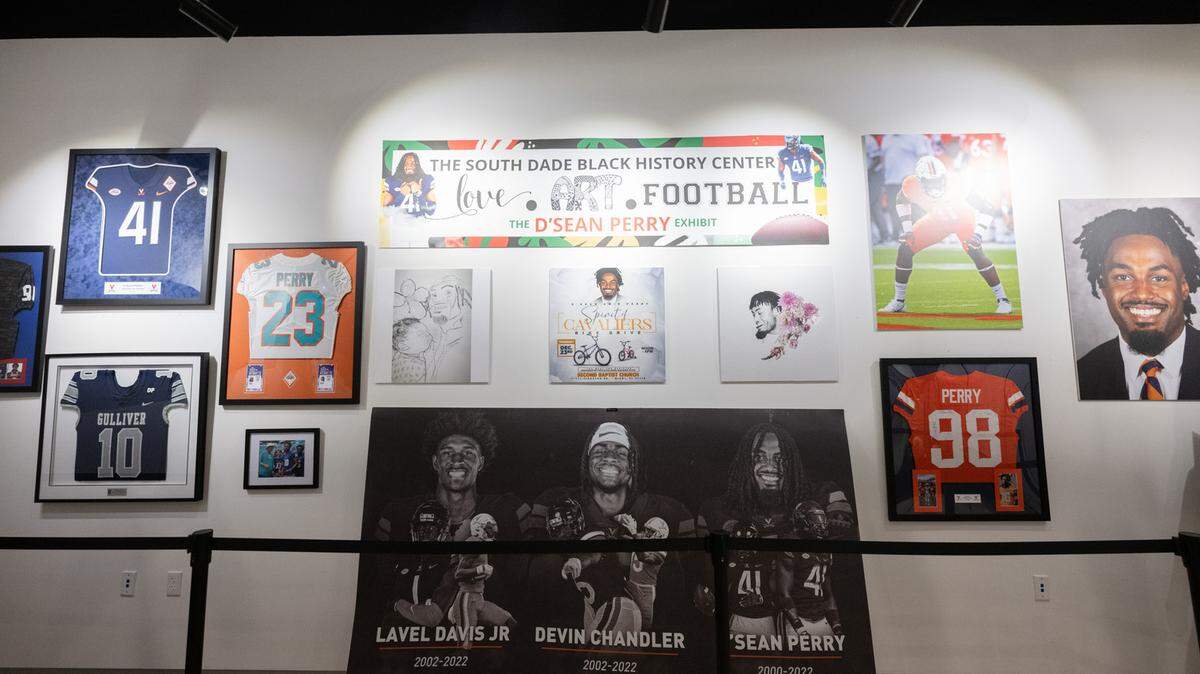 A look at the Love-Art-Football Exhibit which honors the life of late UVA football player D’Sean Perry, a native of Richmond Heights. The exhibit is currently on display at the South Dade Black History Center until Nov. 14.