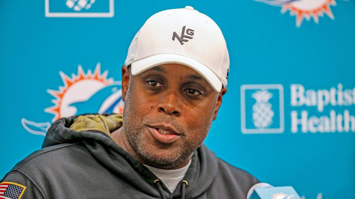 Miami Dolphins General manager Chris Grier speaks to reporters after practice drills at Baptist Health Training Complex in Miami Gardens on Tuesday, August 30, 2022.
