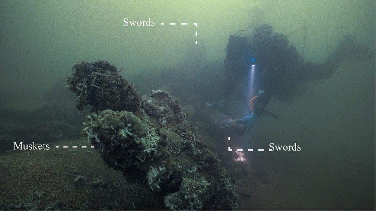 Previous dives have revealed weapons once held on the British warship.