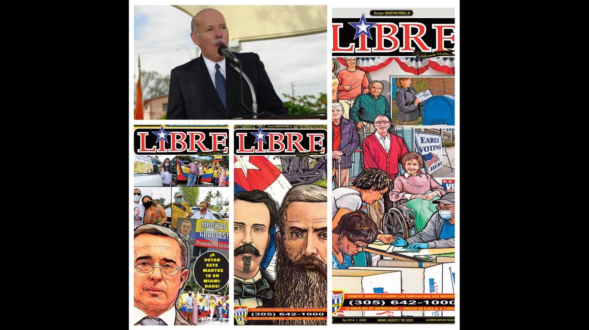 Demetrio Pérez, Jr. es editor del semanario LIBRE, en una composición fotográfica con varias portadas de LIBRE.