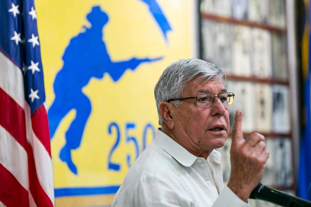 City of Miami Commissioner Manolo Reyes speaks during a press conference at the Brigade 2506 Bay of Pigs Museum and Library on Monday, July 11, 2022, in Miami, Fla. The press conference was held on the one year anniversary of the July 11 protests, which saw the largest anti-government demonstrations in Cuba in several decades.