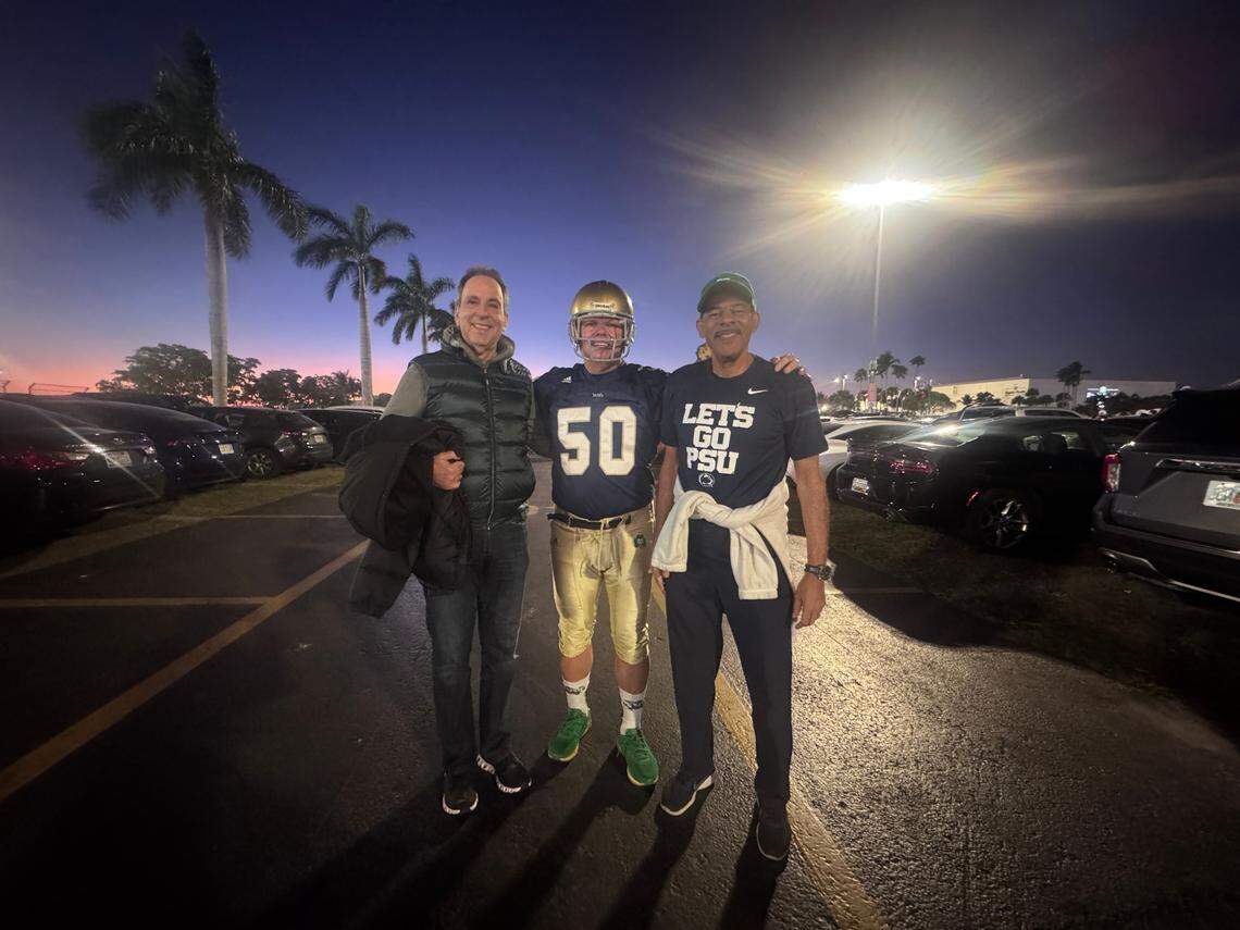 (from left to right) Friends Brett Rivkind, Joe McCrink and Willard Sheppard pose outside of Hard Rock Stadium where the Penn State Nittany Lions will play the Notre Dame Fighting Irish in the College Football Playoff Semifinal at the Orange Bowl in Miami Gardens, Florida on Thursday, January 9, 2025.