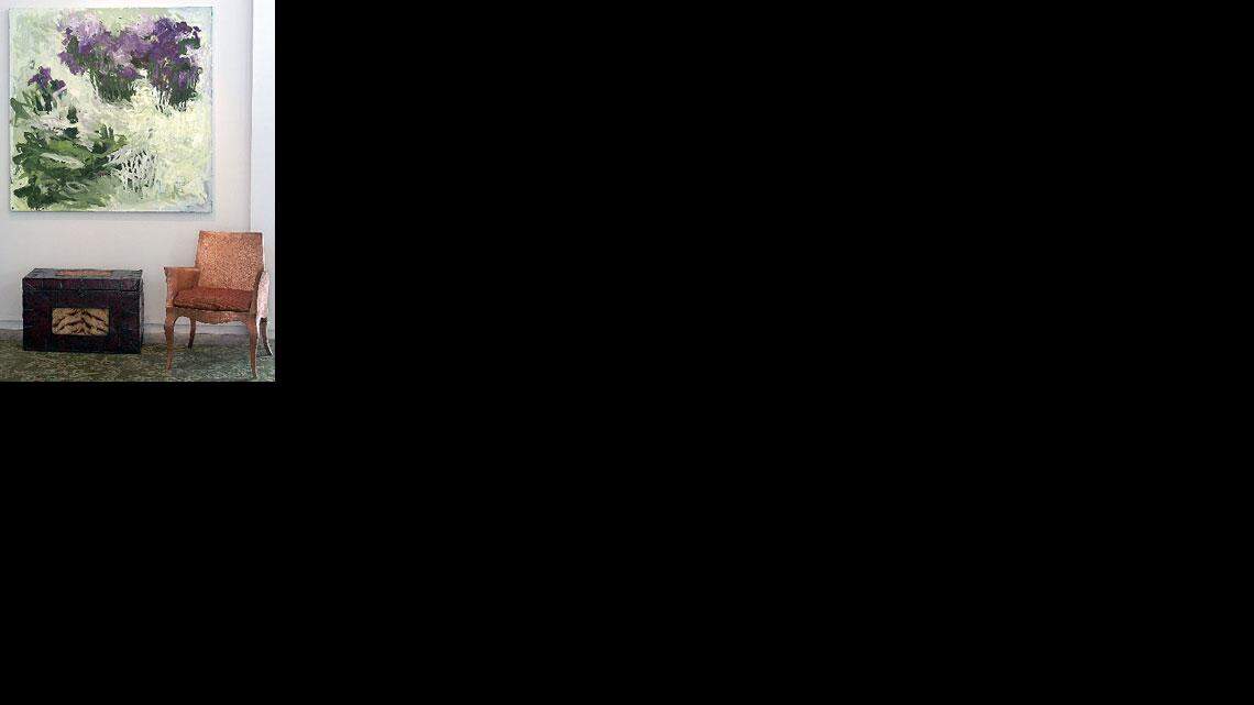 <b>HOME ACCESSORIES:</b> Untitled painting by Russell Sharon, $12,000; early 19th century Tibetan trunk in leather and tiger fur, $5,100; copper hammered club chair by Paul Mathieu, $2,780.