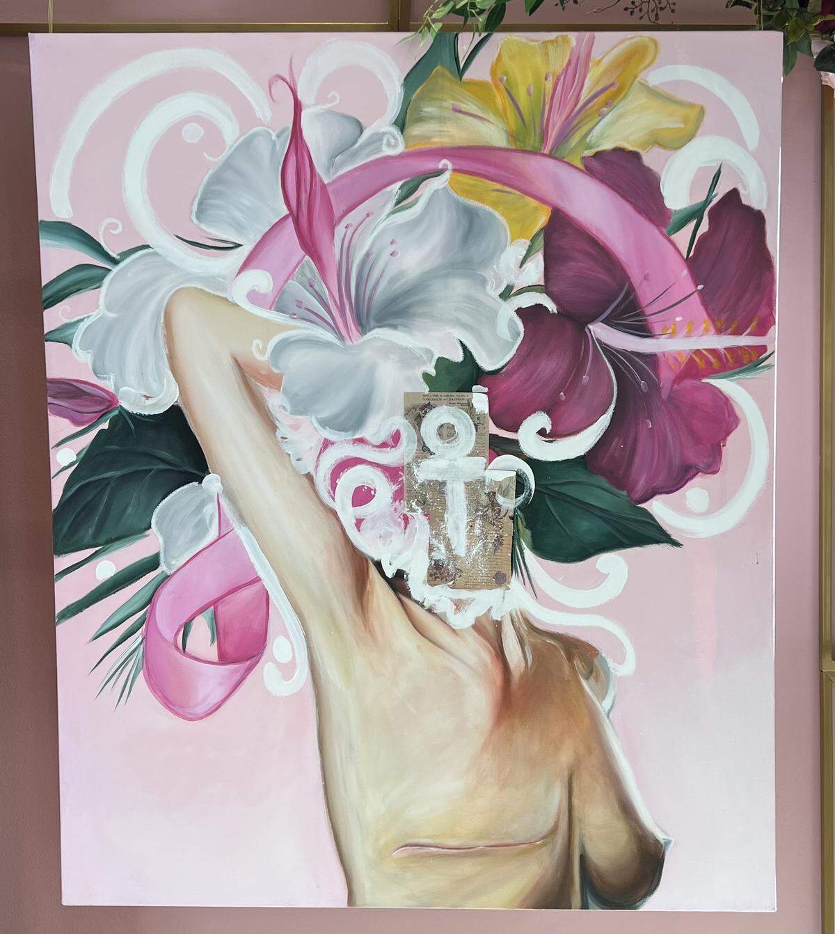 In this untitled piece, Magdala Charles portrays a faceless woman wearing a flower crown atop her head with an amputated breast. The Breast Cancer Awareness Month pin is interwoven in the flower crown. Charles’ work is a part of an exhibit, La Couronne Des Fleurs at the Little Haiti Cultural Center. It runs through November 22.