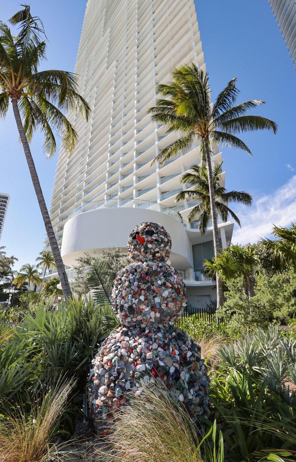 Sculpture on the beach side of Jade Signature Condominium at 16901 Collins Ave. in Sunny Isles Beach.