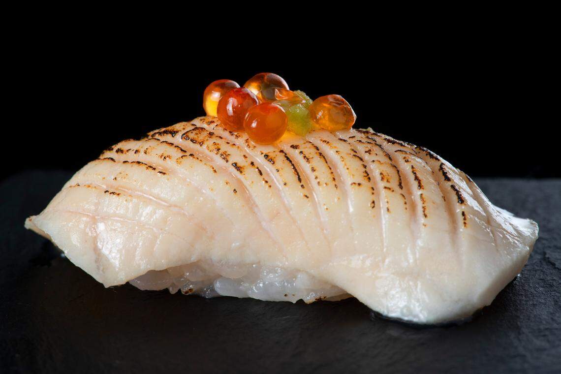 Wild-caught Korean escolar with wasabi and salmon caviar is on the menu at Sushi by Scratch, now open in Coconut Grove.