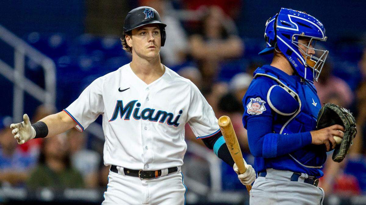 Miami Marlins batter Brian Anderson (15) reacts to getting called out on strikes during the ninth inning of an MLB game against the Chicago Cubs at loanDepot park in the Little Havana neighborhood of Miami, Florida, on Tuesday, September 20, 2022.