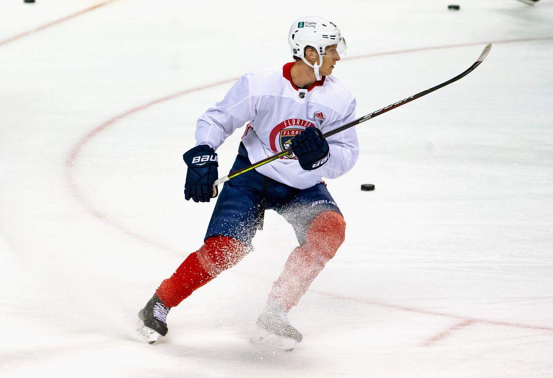 Florida Panthers center Eetu Luostarinen (27) skates during the first practice of training camp in preparation for the 2020-21 NHL season at the BB&T Center on Monday, January 4, 2021 in Sunrise.