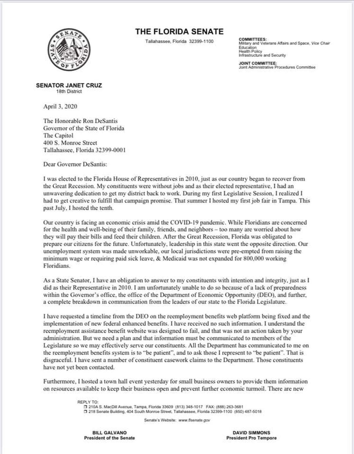 This is an image of the letter sent to Gov. Ron DeSantis by state Sen. Janet Cruz, D-Tampa, and posted on her Facebook page.