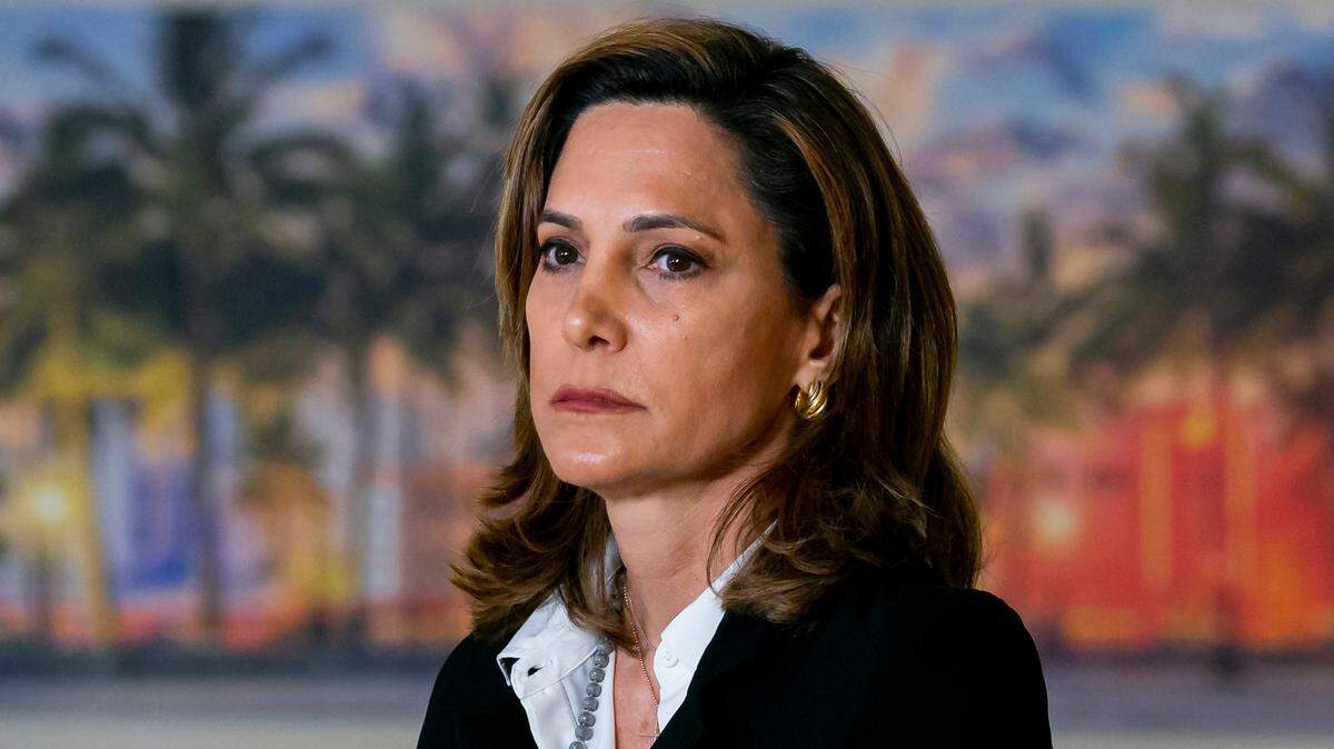 Rep. Maria Elvira Salazar, R-Fla., holds a press conference about the Cuban Family Reunification Program at Miami International Airport in Miami, Florida, on Monday, April 19, 2021.