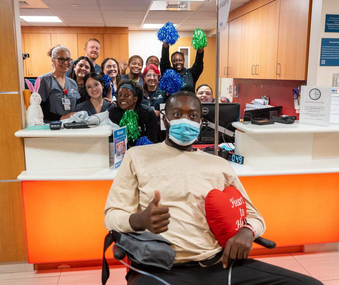 Chevon Byfield, 39, poses with a group of nurses who cared for him during his time at Memorial Regional Hospital in Hollywood before leaving the hospital for the first time with his new heart on Monday, March 30, 2026.