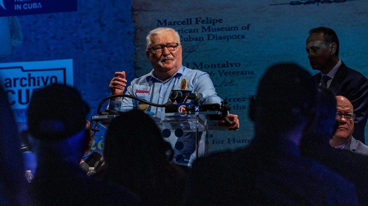 Lech Walesa speaks during an event to recognize his support of human rights, freedom and the establishment of democracy in Cuba at the American Museum of the Cuban Diaspora in Miami on Thursday, February 12, 2026.