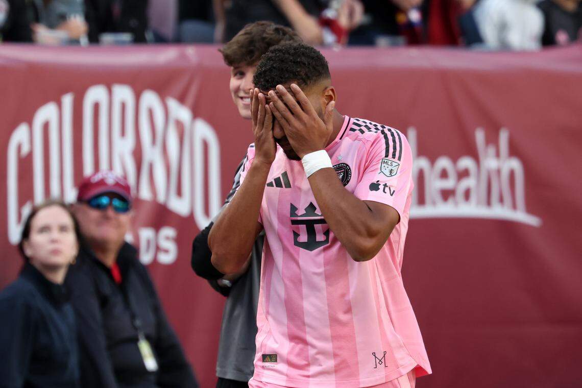 DENVER, COLORADO - APRIL 18: Yannick Bright #42 of Inter Miami CF reacts after being sent off during the MLS match between Colorado Rapids and Inter Miami CF at Empower Field At Mile High on April 18, 2026 in Denver, Colorado. (Photo by Tanner Pearson/Clarkson Creative/Getty Images)
