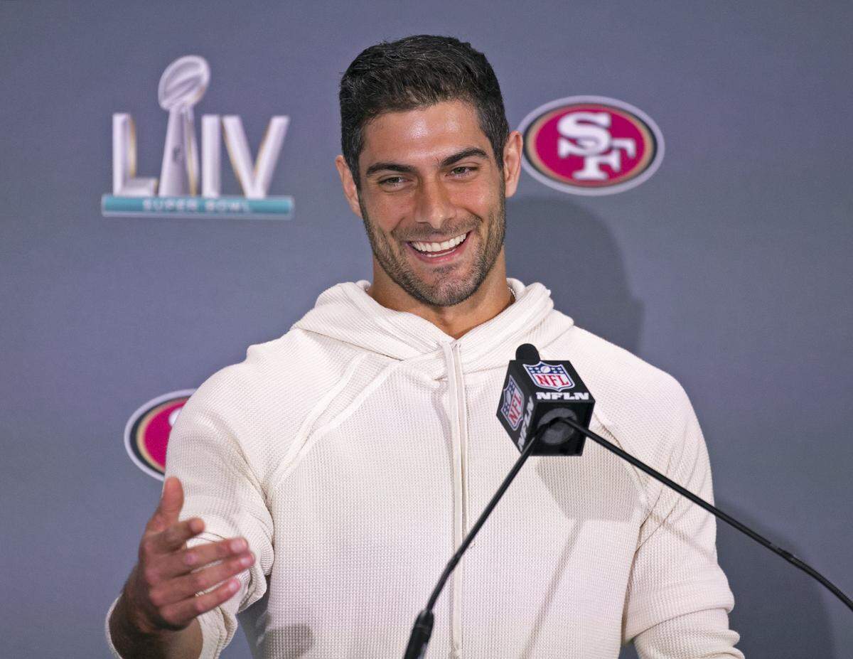 San Francisco 49ers quarterback Jimmy Garoppolo (10) is interviewed during the team’s media availability at the James L. Knight Center in Miami, Florida on Thursday, January 30, 2020.