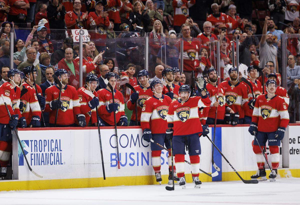 Florida Panthers left wing Brad Marchand (63) reacts after hitting 1000 career points during the third period of a game on Thursday, Nov. 13, 2025, at Amerant Bank Arena in Sunrise, Fla. The Florida Panthers won against the Washington Capitals 6-3.