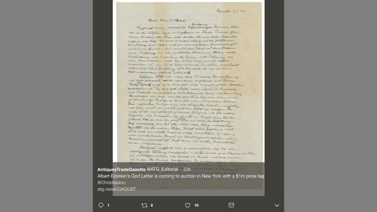 Addressed to religious philosopher Erik Gutkind, Albert Einstein’s 1954 letter about God, the Bible and his faith is expected to rake in more than $1 million when it is auctioned at Christie’s in New York City.