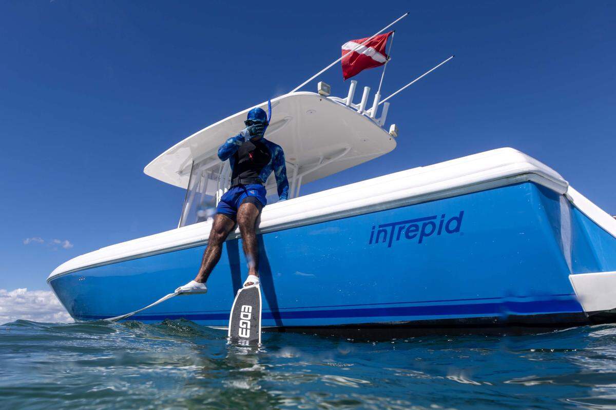 Miami Mayor Francis Suarez enters the water during a fishing trip for stone crab on Wednesday, October 15, 2025, in Miami, Fla.