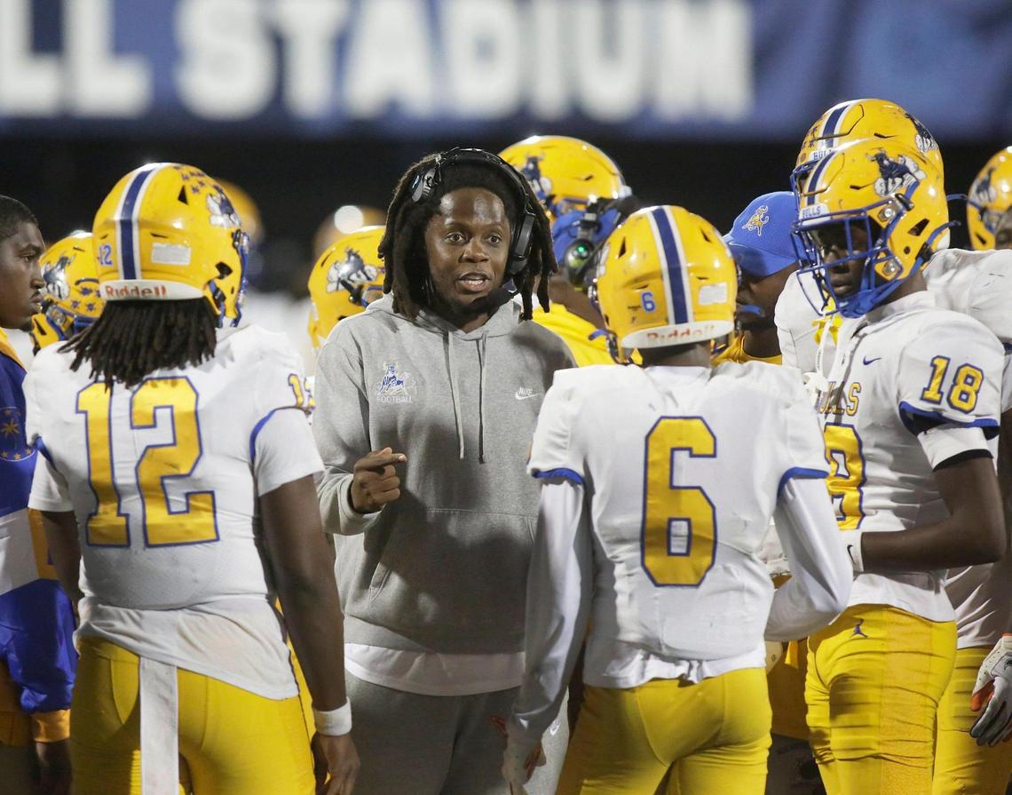 Northwestern Bulls head coach Teddy Bridgewater takes a time out during the Class 3A state championship football game against Raines Vikings (Jacksonville) on Saturday, December 14, 2024 at Pitbull Stadium in Miami.