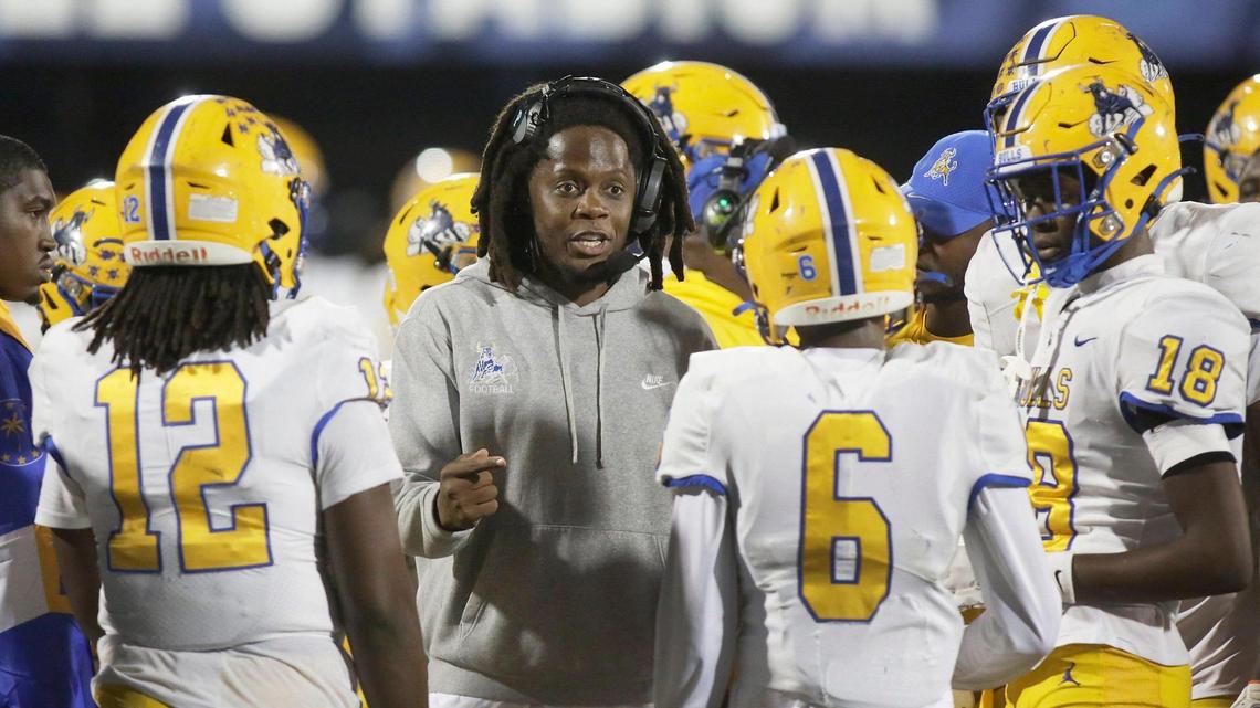 Northwestern Bulls head coach Teddy Bridgewater takes a time out during the Class 3A state championship football game against Raines Vikings (Jacksonville) on Saturday, December 14, 2024 at Pitbull Stadium in Miami.