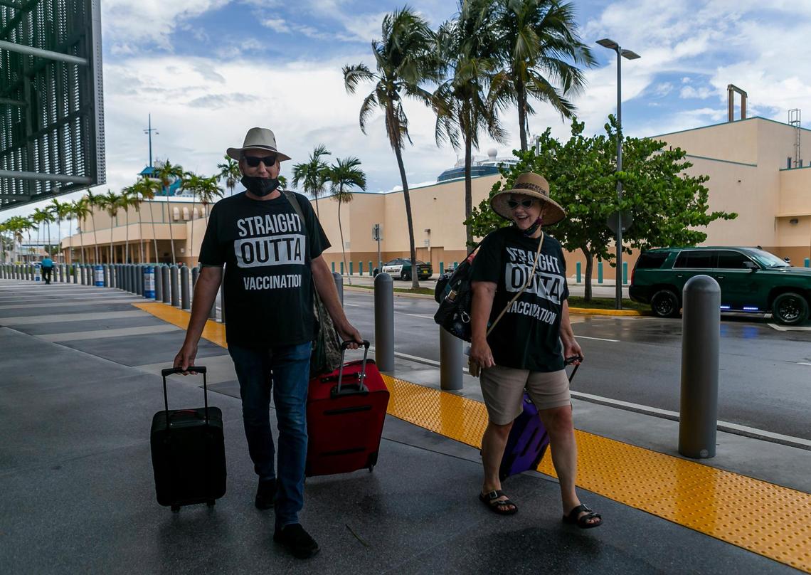 James and Cynthia Mitchell, from Hope, Kansas, arrive at Port Everglades Terminal 25 in Fort Lauderdale, Florida before boarding Celebrity Cruises’ Celebrity Edge cruise ship on Saturday, June 26, 2021. Celebrity Edge was the first cruise ship to sail with guests from a U.S. port in over 15 months.