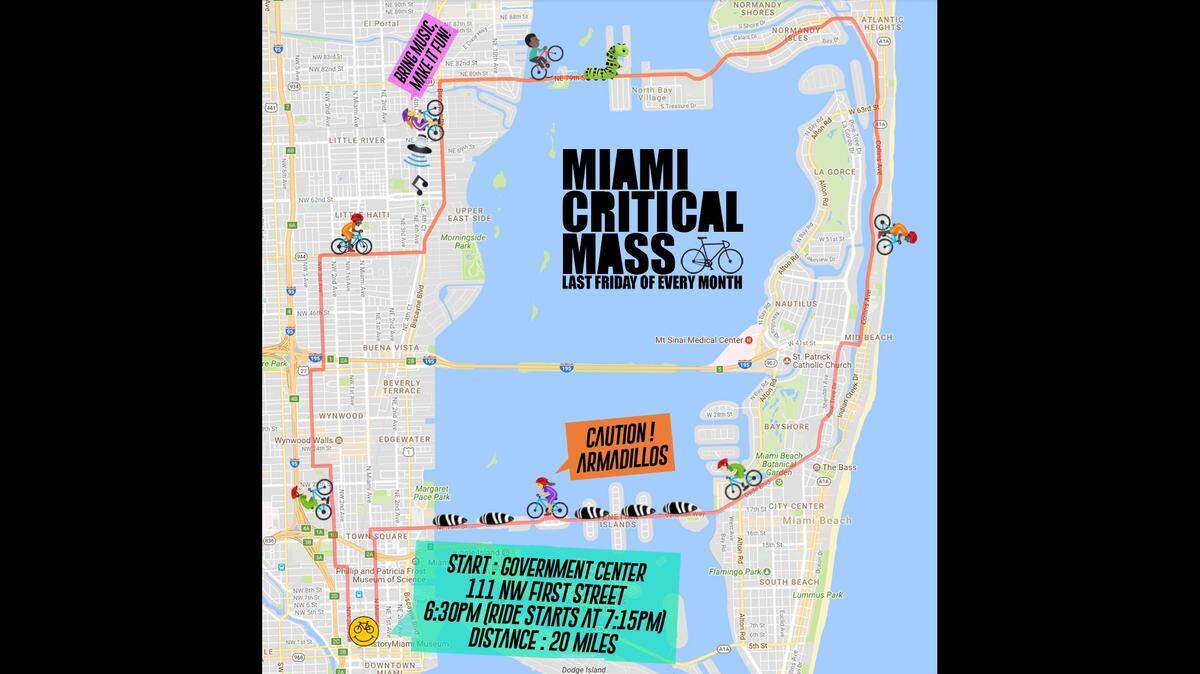 Critical Mass will begin about 7:15 p.m. March 31 in Downtown Miami and encompasses parts of Miami Beach in a 20-mile route.