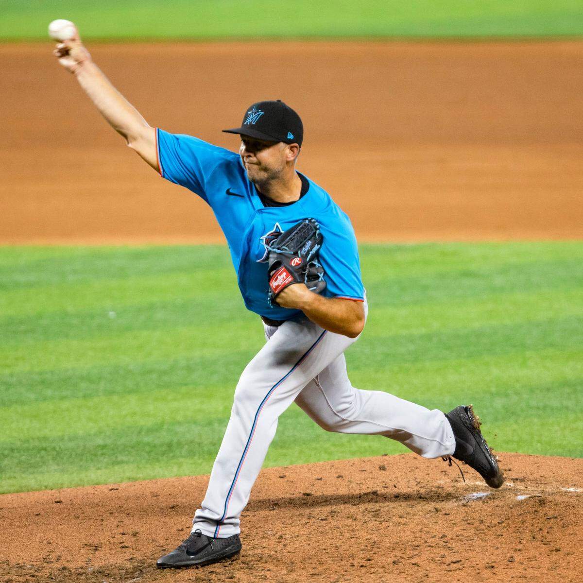 Marlins right-handed pitcher Brandon Kintzler pitches during the third day of Marlins training camp at Marlins Park in Little Havana, Florida on Saturday, July 4, 2020.