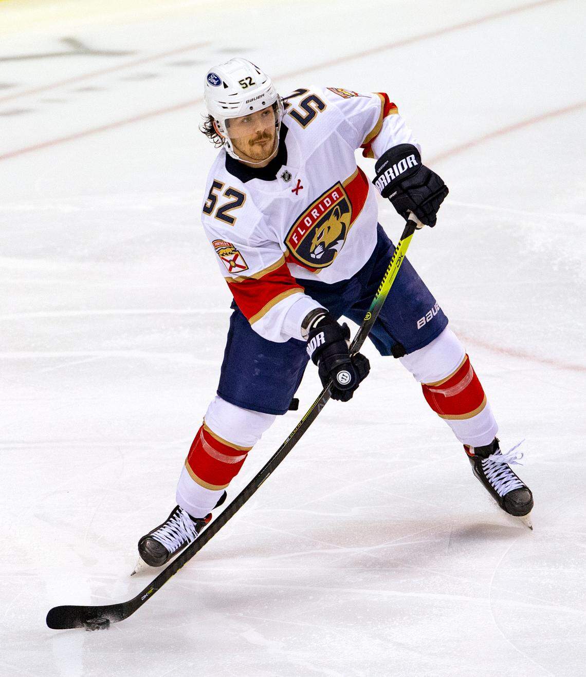 Florida Panthers defenseman MacKenzie Weegar (52) pass the puck during the second period of the first training camp scrimmage in preparation for the 2021 NHL season at the BB&T Center on Thursday, January 7, 2021 in Sunrise.