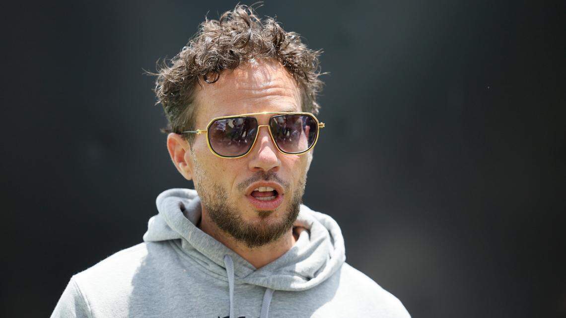 Miami Dolphins coach Mike McDaniel on the field during practice drills at Dolphins rookie minicamp at the Baptist Health Training Complex in Miami Gardens, Florida on Friday, May 9, 2025.