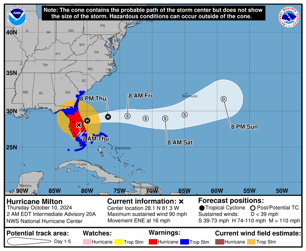 Se pronostica que el huracán Milton saldrá del estado al amanecer del jueves cerca de la Costa Espacial de Florida.
