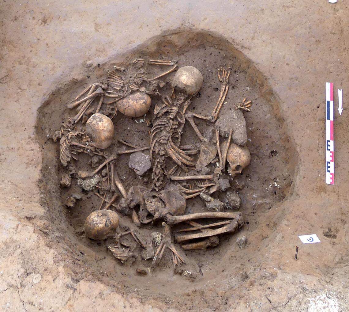 A group grave filled with five children and an adult woman was found in a pit.