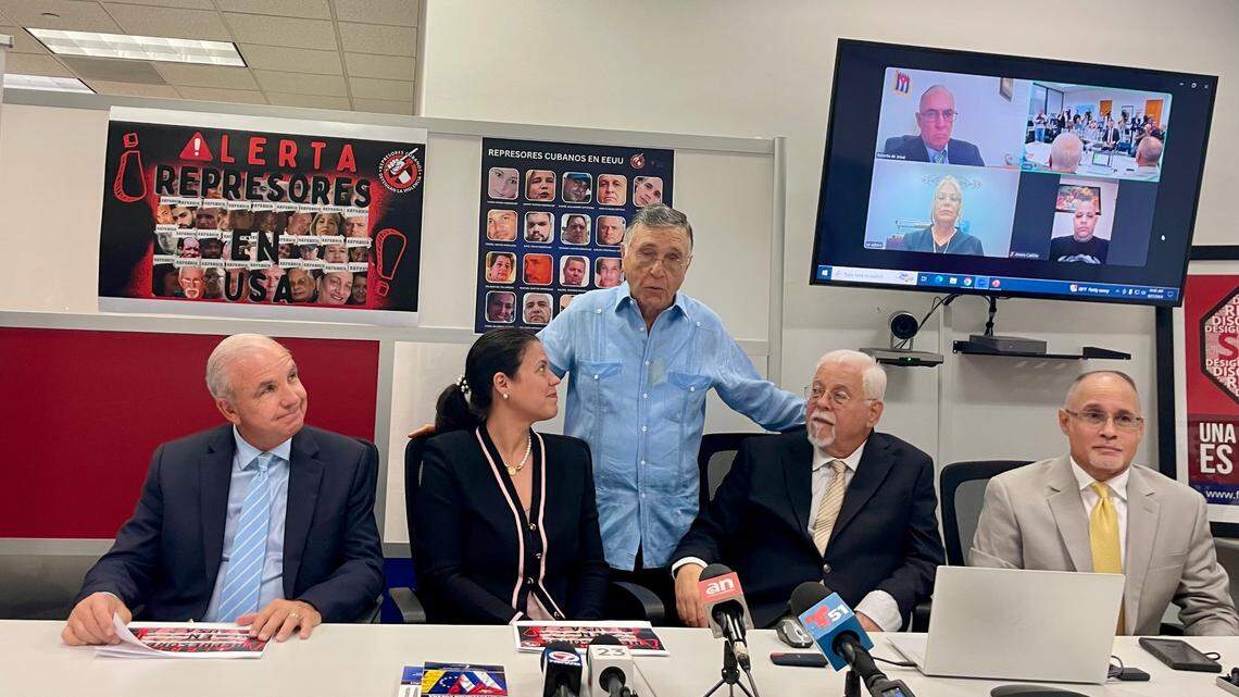 From left to right: U.S. Rep. Carlos Giménez, Florida state Sen. Ana María Rodríguez, Tony Coast, the director of the Foundation for Human Rights in Cuba, and researchers Rolando Cartaya and Luis Domínguez speak during an event in Miami on Aug. 27, 2024.