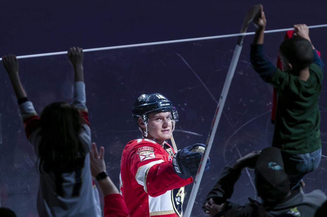 Florida Panthers center Aleksander Barkov (16) gives his hockey stick to a fan after defeating the Minnesota Wild at the BB&T Center in Sunrise, Florida on Friday, March 8, 2019.