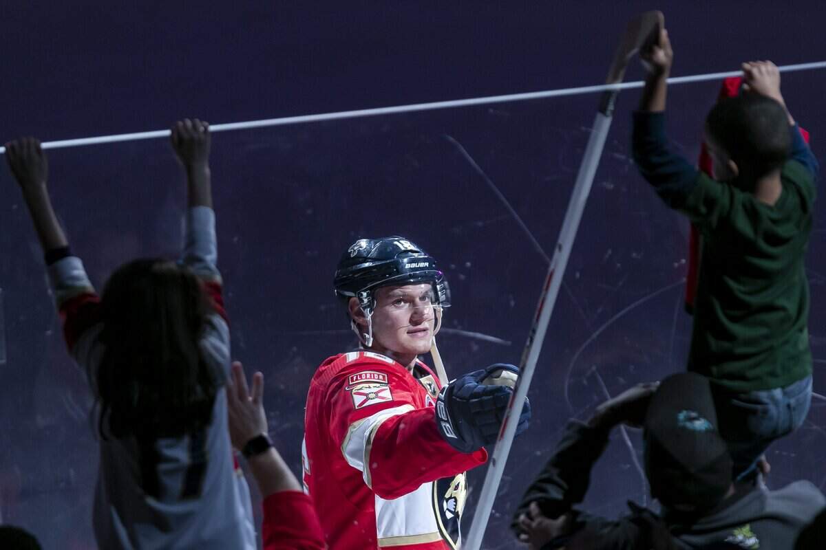 Florida Panthers center Aleksander Barkov (16) gives his hockey stick to a fan after defeating the Minnesota Wild at the BB&T Center in Sunrise, Florida on Friday, March 8, 2019.