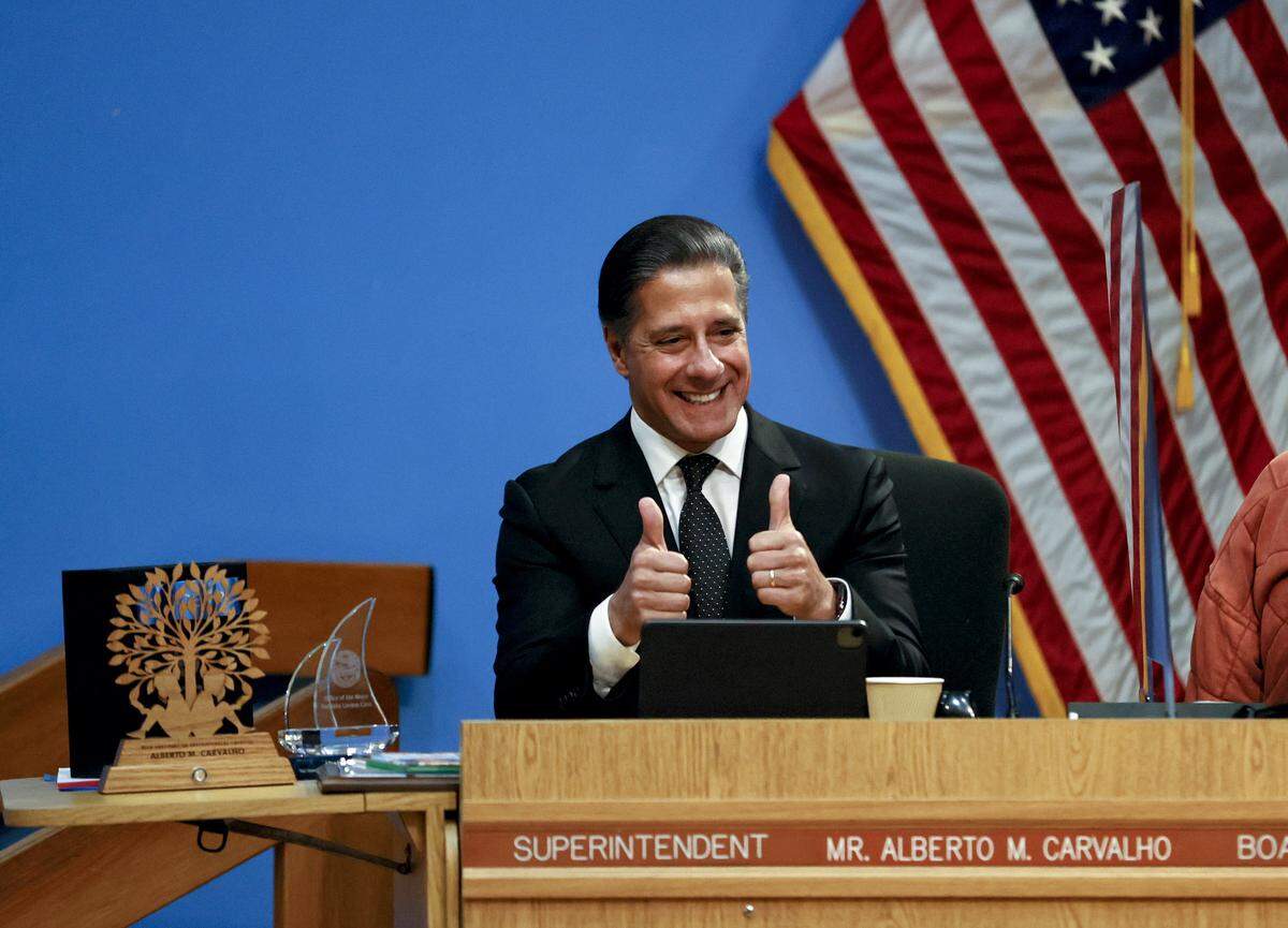 Miami-Dade Public Schools Superintendent Alberto Carvalho reacts during his final meeting with the Miami-Dade County School Board on Wednesday, Feb. 9, 2022. He left the district after 14 years as superintendent to become the superintendent of the Los Angeles school district.