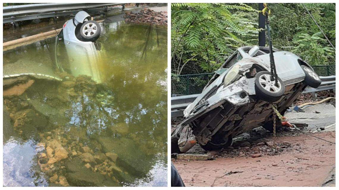 A car was swallowed up by a sinkhole as the driver was traveling to work in Belleville, New Jersey.