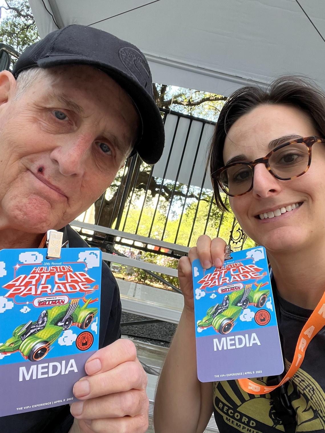 Tom Austin and his daughter Claire Austin co-reporting at the Houston Art Car Parade in April 2022.