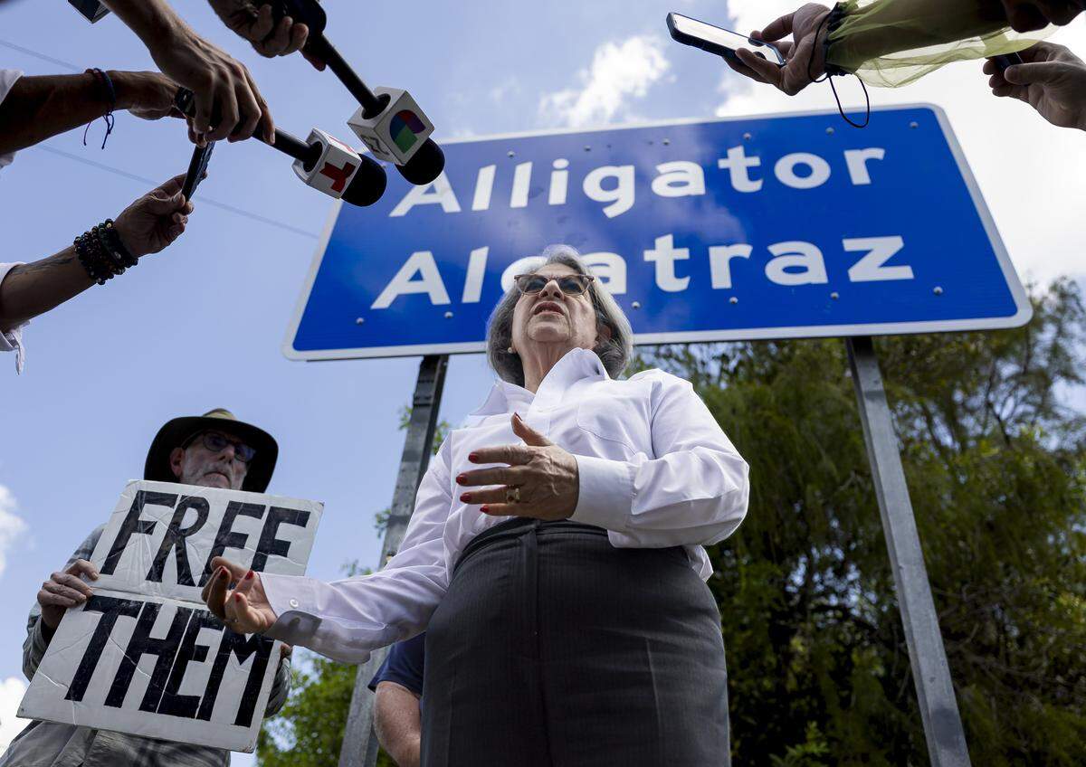 Miami-Dade Mayor Daniella Levine Cava speaks with reporters after she attempted to visit Alligator Alcatraz at the Dade-Collier Training and Transition Airport on Friday, Aug. 22, 2025, in Ochopee, Fla. A federal judge ordered the closure of the immigrant detention center within 60 days.