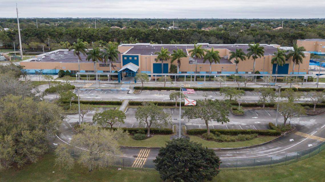 An aerial view of Manatee Bay Elementary School on Monday, Feb. 19, 2024, in Weston, Fla. The Florida Department of Health is investigating a measles outbreak after the Broward County Public Schools confirmed there were at least four cases at the school.