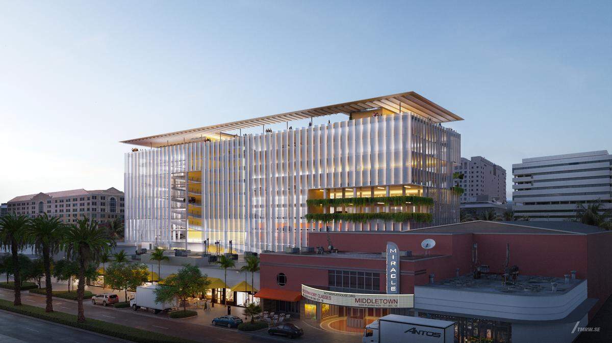 A rendering of a planned new public parking garage to be built behind the historic Art Deco Miracle Theater on Coral Gables’ Miracle Mile.