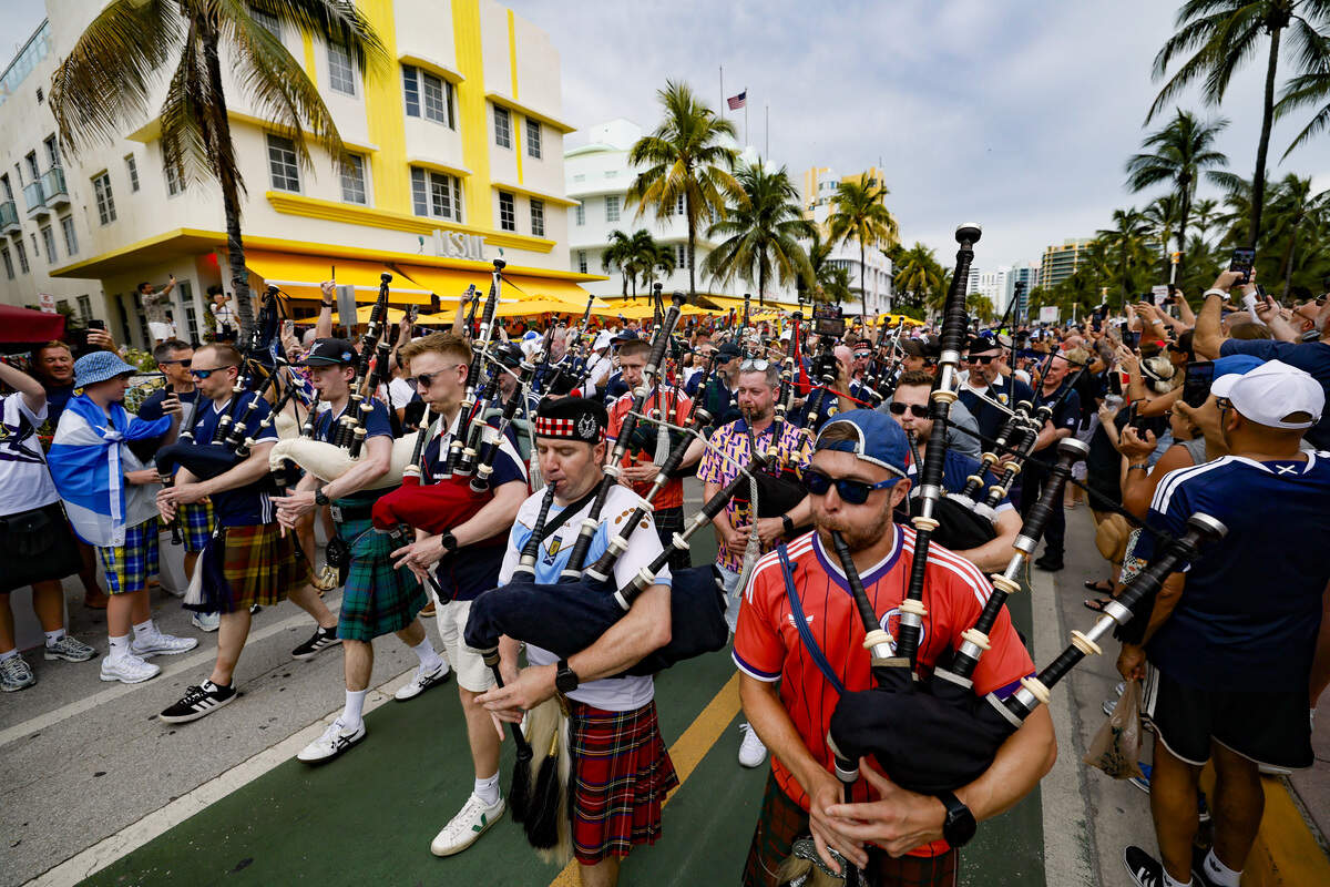 The Tartan Army parades from Lummus Park to Ocean Drive and 5th, at Miami Beach on Tuesday, June 23, 2026.