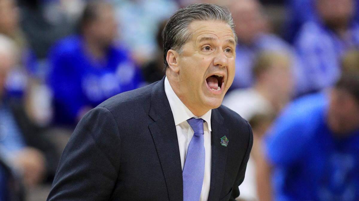 Coach John Calipari of the Kentucky Wildcats reacts in the first half against the Abilene Christian Wildcats during the first round of the 2019 NCAA Men’s Basketball Tournament at Jacksonville Veterans Memorial Arena on March 21, 2019 in Jacksonville, Florida.