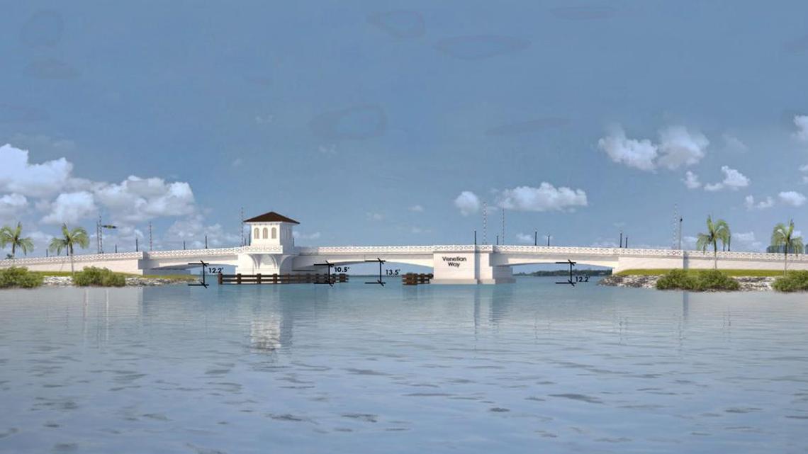 An architectural rendering shows a conceptual design for the replacement of the easternmost drawbridge between Belle Isle and Rivo Alto Island on the Venetian Causeway between Miami and Miami Beach.