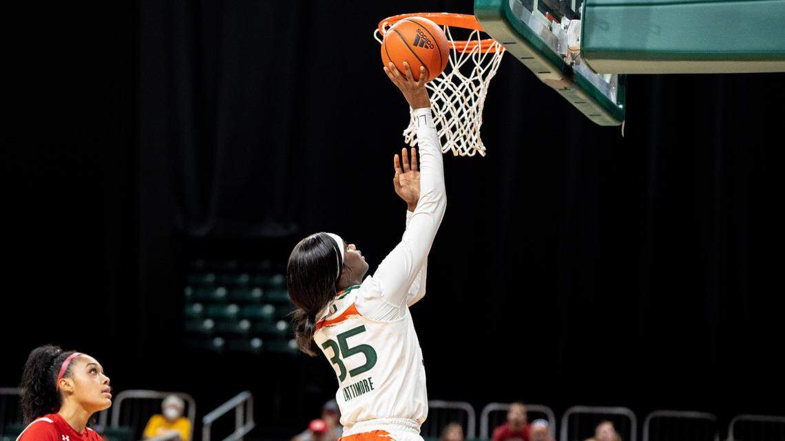 University of Miami sophomore forward Latasha Lattimore, who transferred from the University of Texas in June, led the Hurricanes with a career-high 25 points and 10 rebounds in an 81-46 win over Boston University on Nov. 13, 2022.