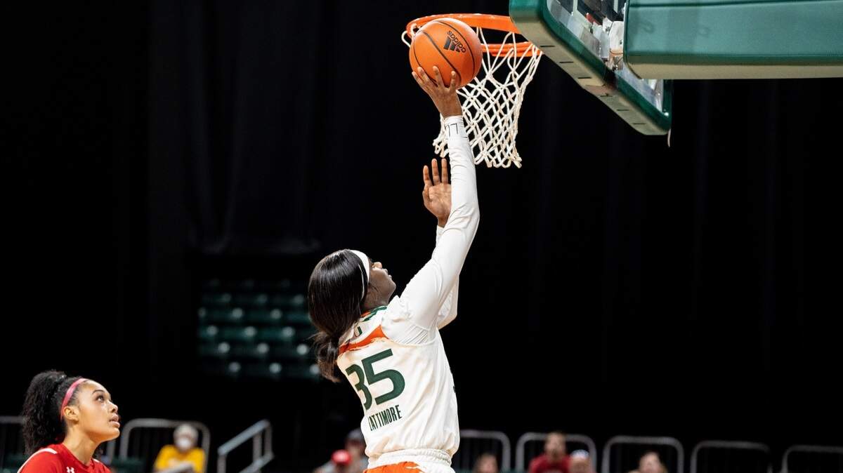 University of Miami sophomore forward Latasha Lattimore, who transferred from the University of Texas in June, led the Hurricanes with a career-high 25 points and 10 rebounds in an 81-46 win over Boston University on Nov. 13, 2022.
